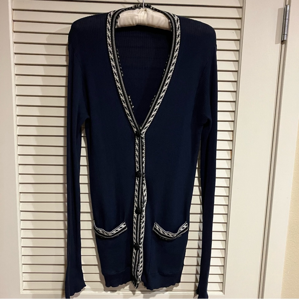Etro Silk Cotton Wool Blend Cardigan Navy Blue V-neck Botton Down Long Sleeve